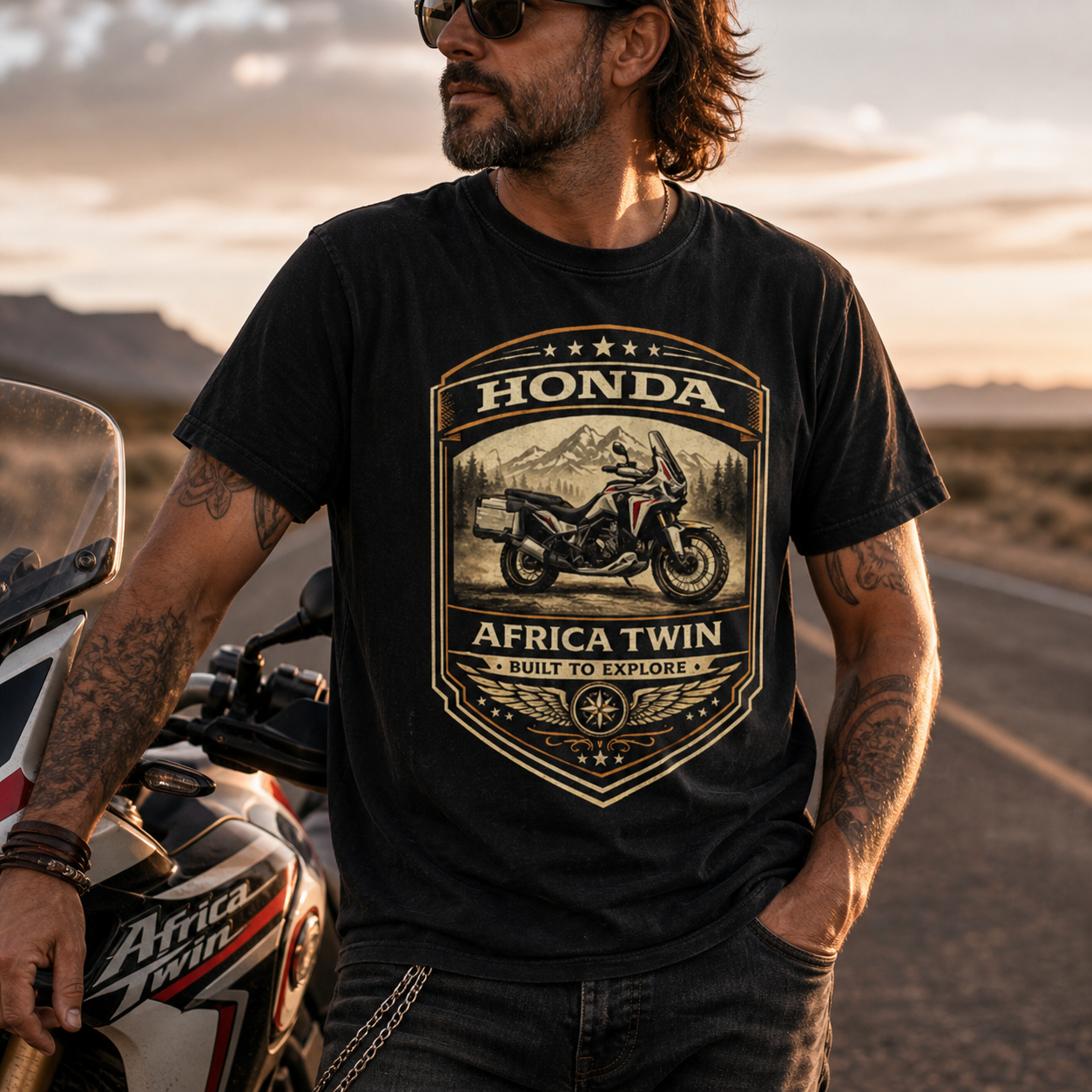 Unisex "Honda Africa Twin Built for Discovery" Vintage Motorcycle Graphic T Shirt