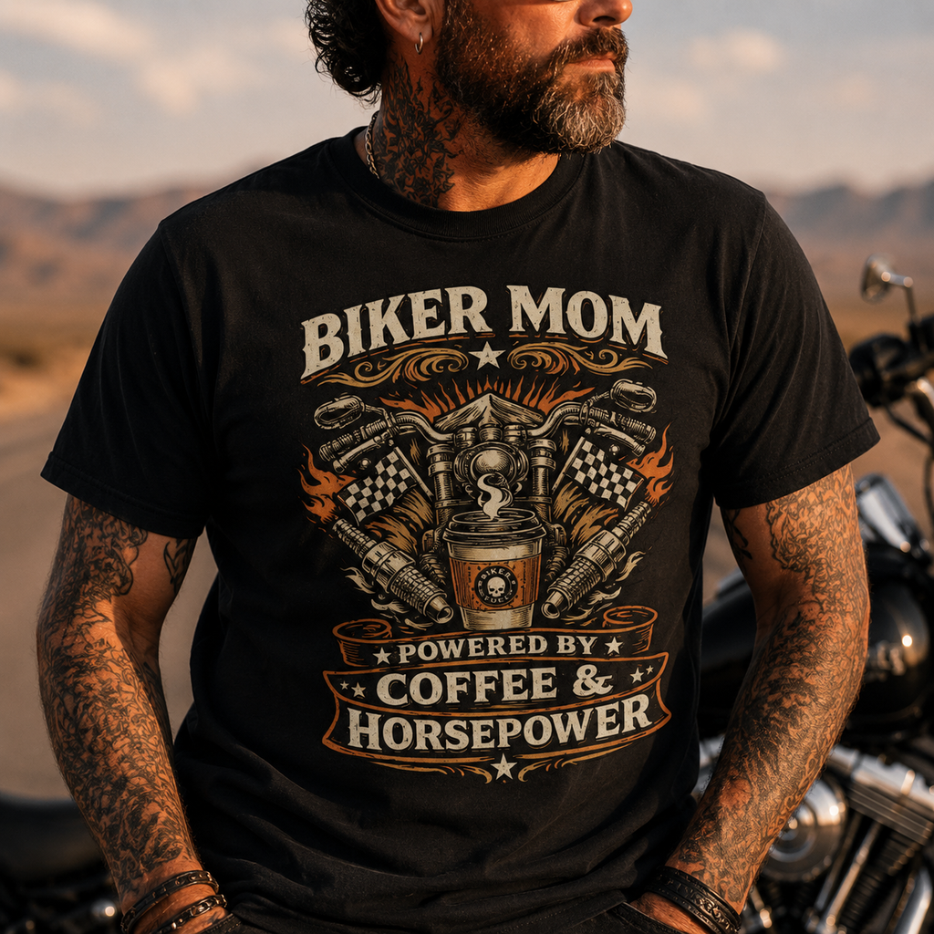 Unisex "Biker Mom Powered By Coffee & Horsepower" Motorcycle T Shirt for Women