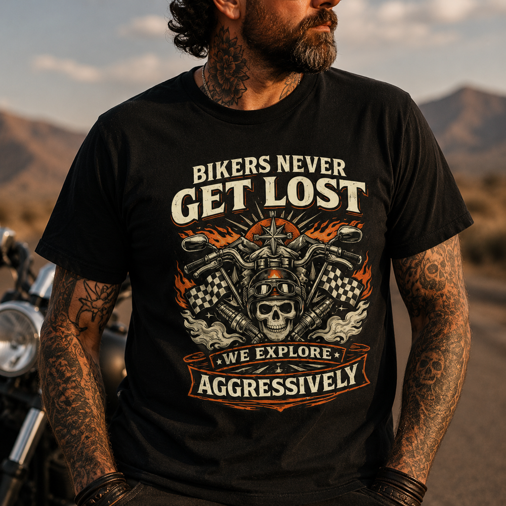 Unisex "Bikers Never Get Lost We Explore Aggressively" Funny Motorcycle T Shirt