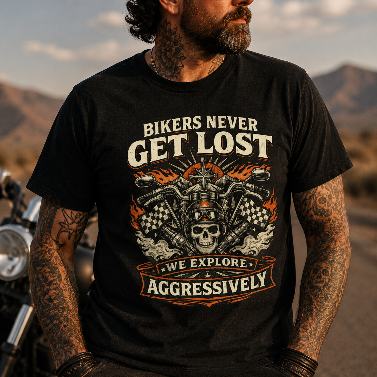 Unisex "Bikers Never Get Lost We Explore Aggressively" Funny Motorcycle T Shirt