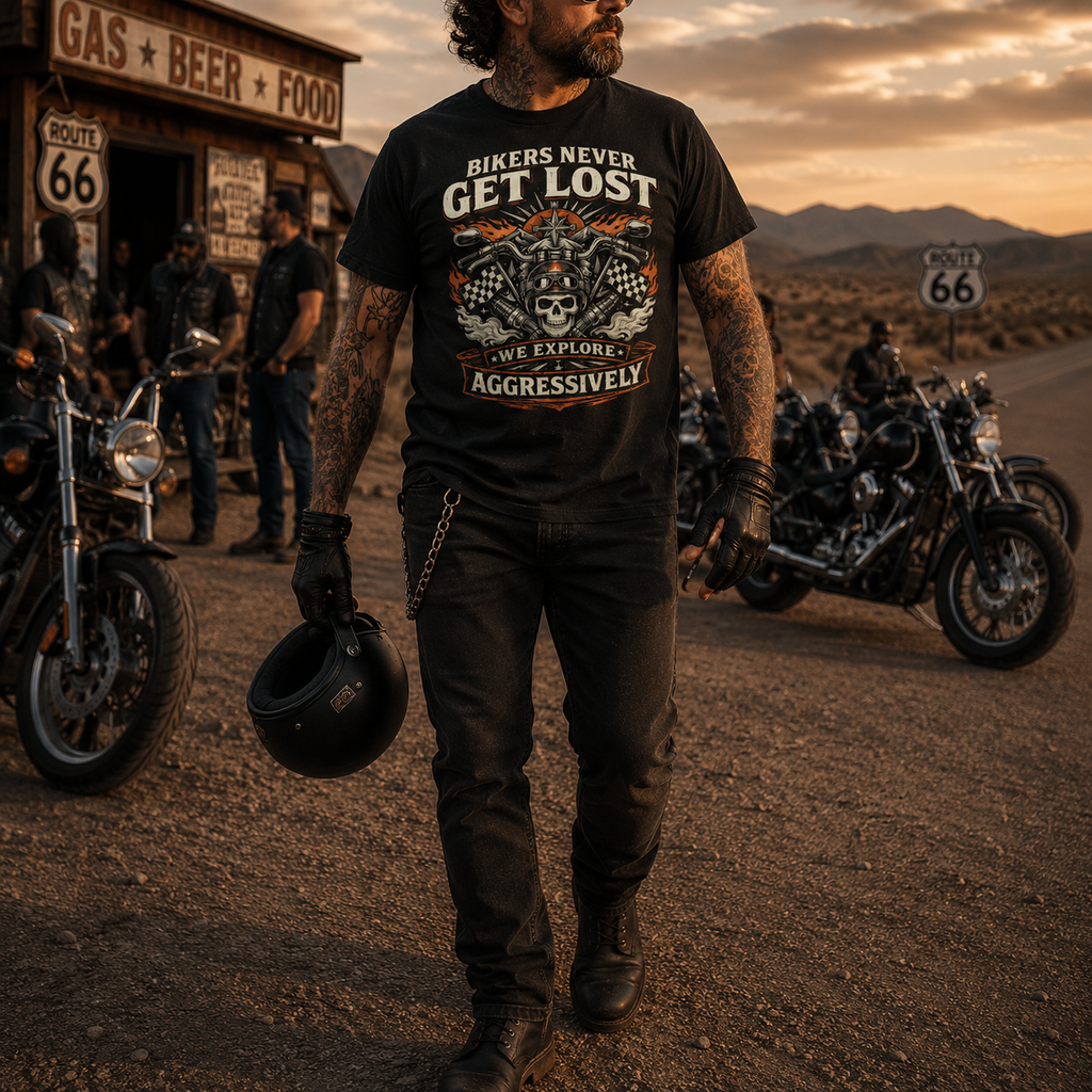 Unisex "Bikers Never Get Lost We Explore Aggressively" Funny Motorcycle T Shirt