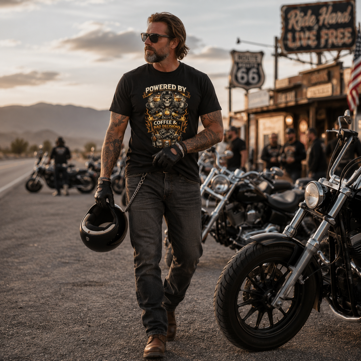 Unisex "Powered By Coffee & Bad Decisions" Funny Motorcycle T Shirt
