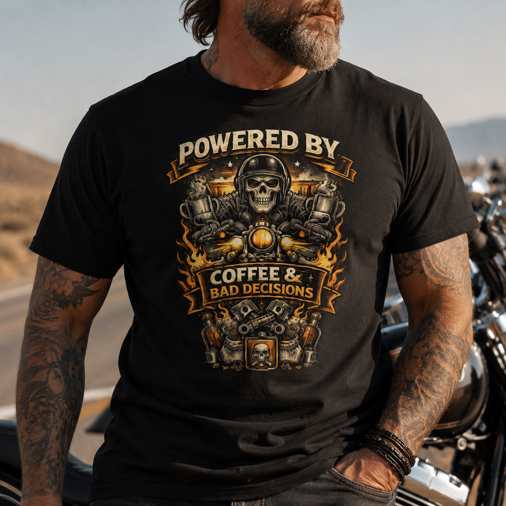 Man wearing a black t-shirt with a graphic design and text, standing next to a motorcycle.
