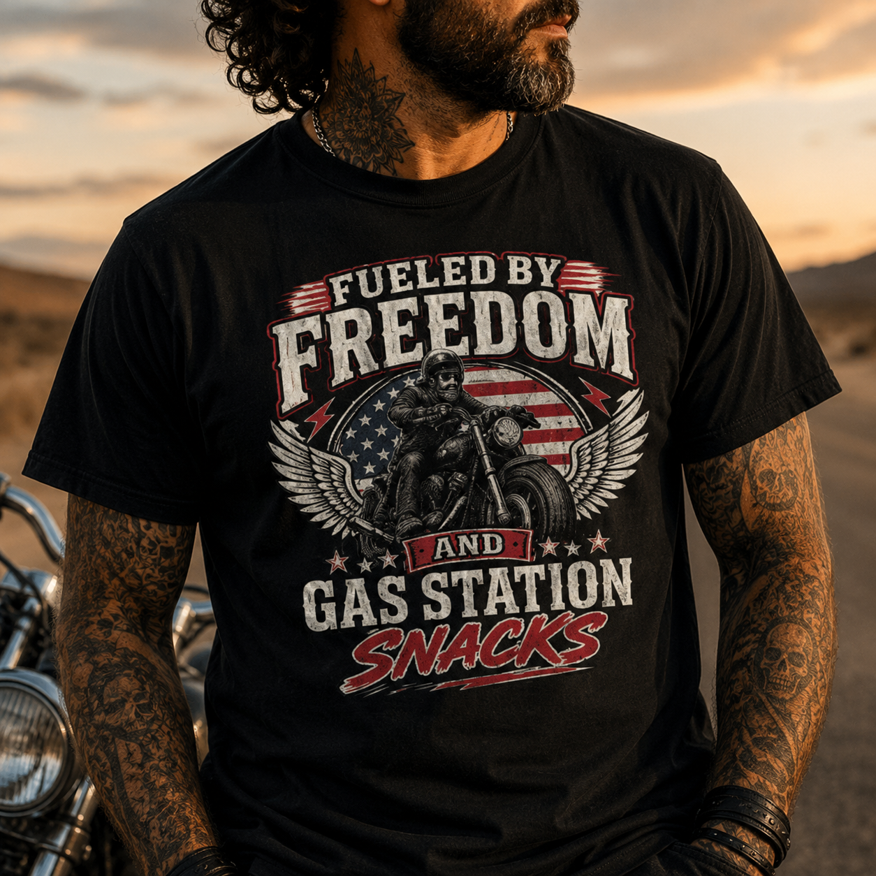 Unisex "Fueled by Freedom and Gas Station Snacks" Patriotic Motorcycle T Shirt