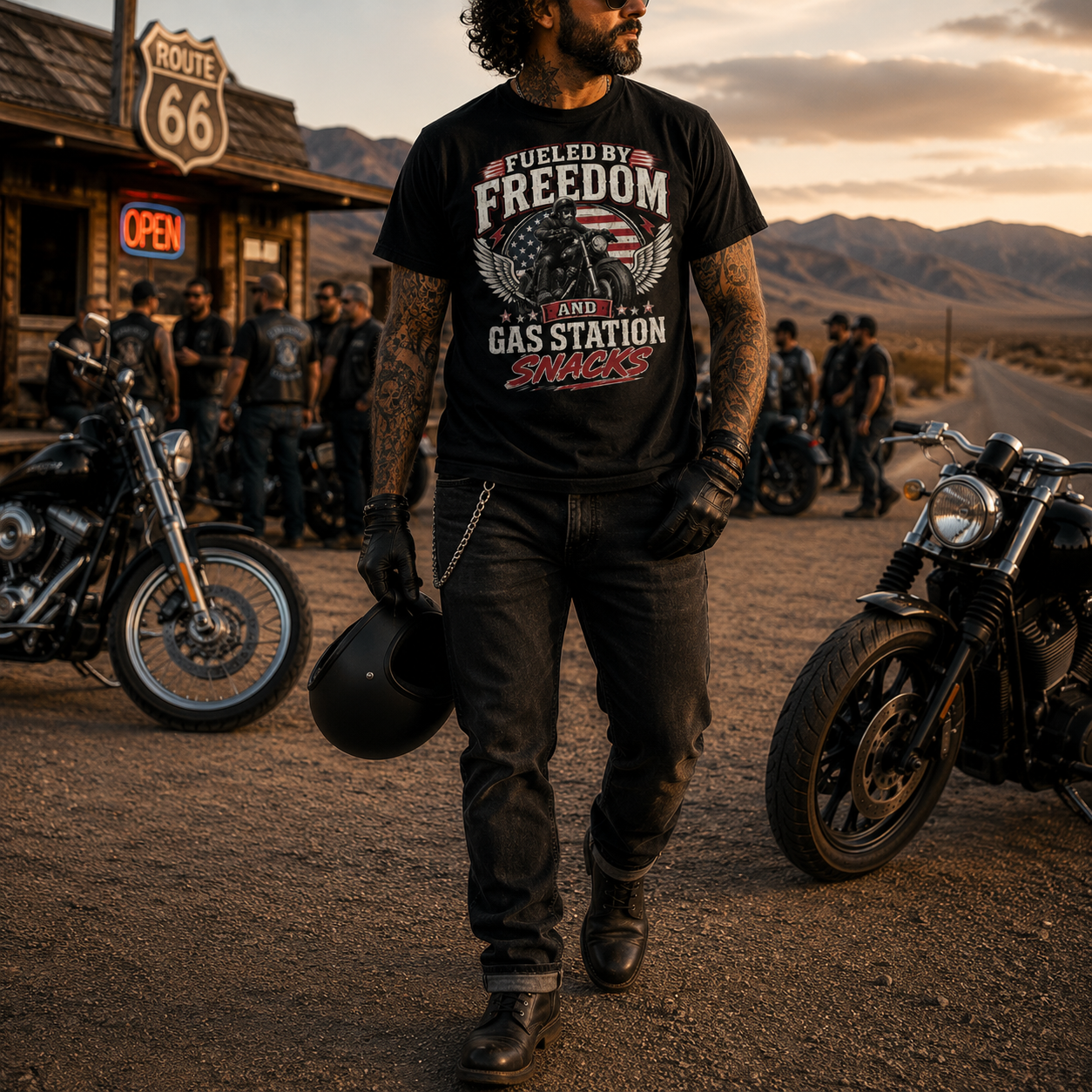 Unisex "Fueled by Freedom and Gas Station Snacks" Patriotic Motorcycle T Shirt