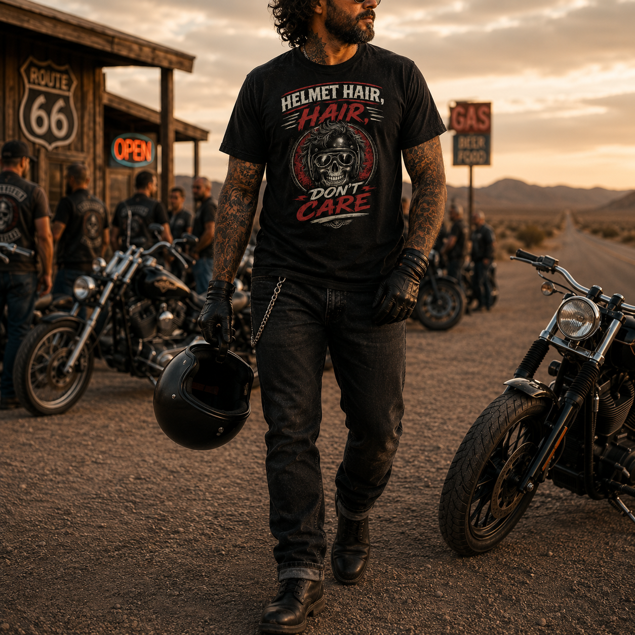 Unisex "Helmet Hair Don't Care" Funny Motorcycle T Shirt