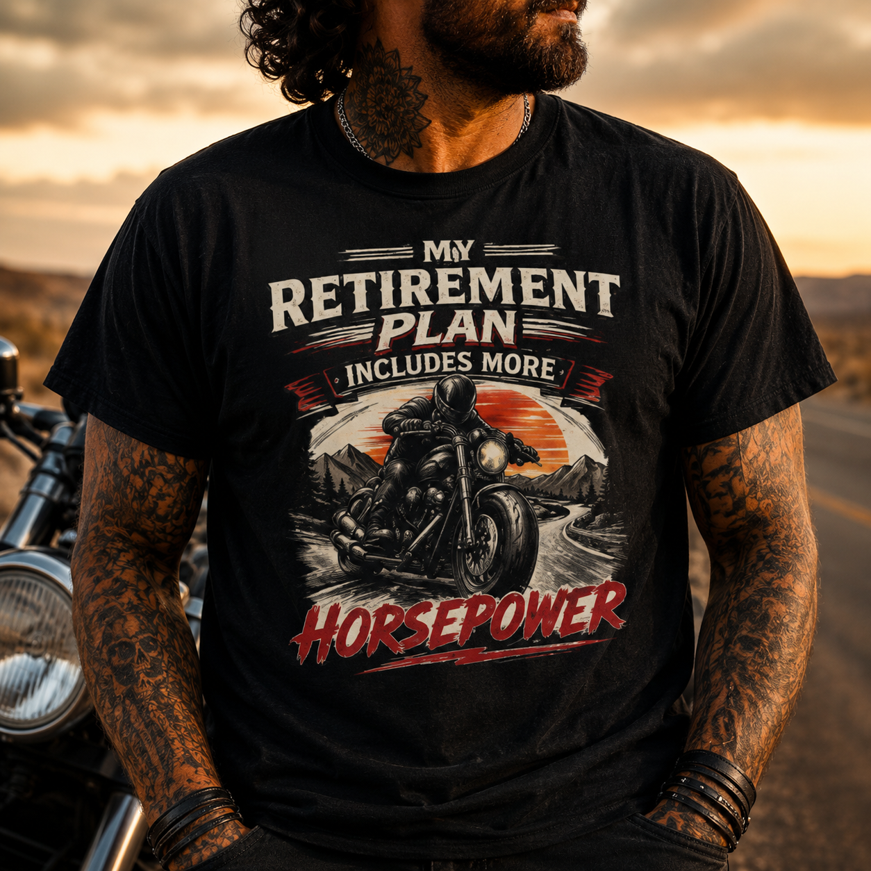 Unisex "My Retirement Plan Includes More Horsepower" Funny Motorcycle T Shirt