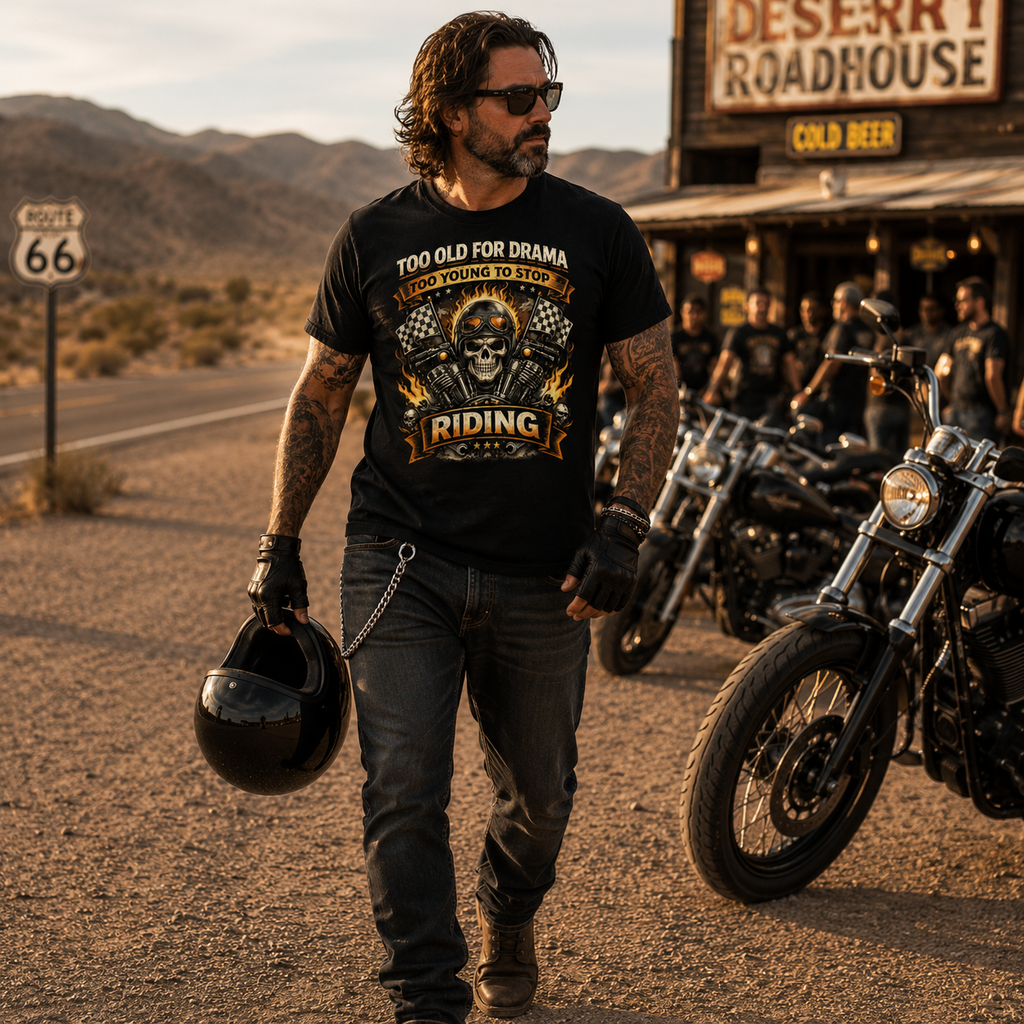 Unisex "Too Old For Drama Too Young To Stop Riding" Funny Motorcycle T Shirt