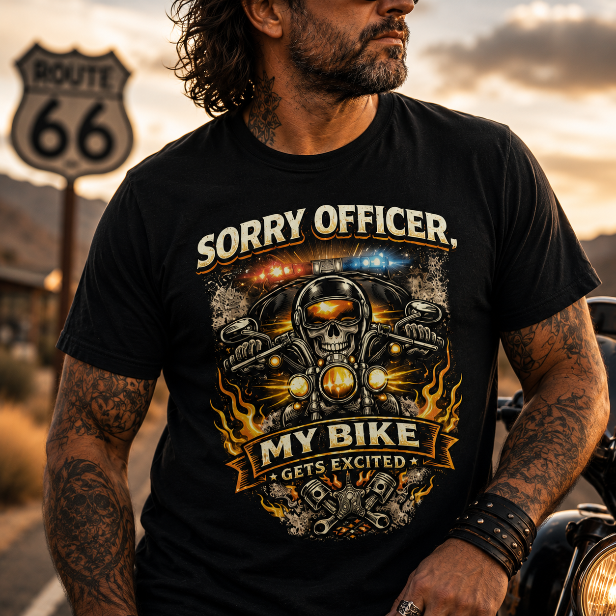Unisex "Sorry Officer My Bike Gets Excited" Funny Motorcycle T Shirt