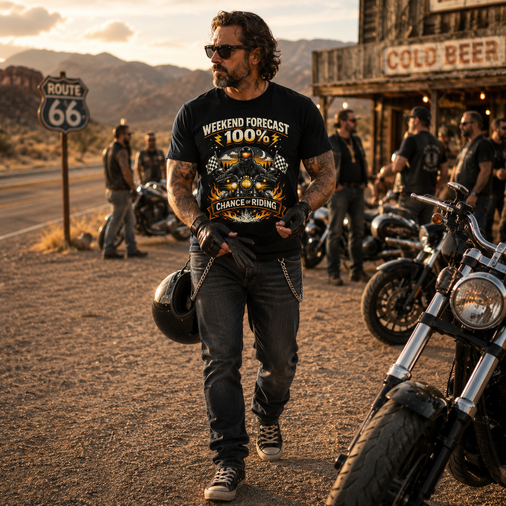 Unisex "Weekend Forecast 100% Chance of Riding" Funny Motorcycle T Shirt