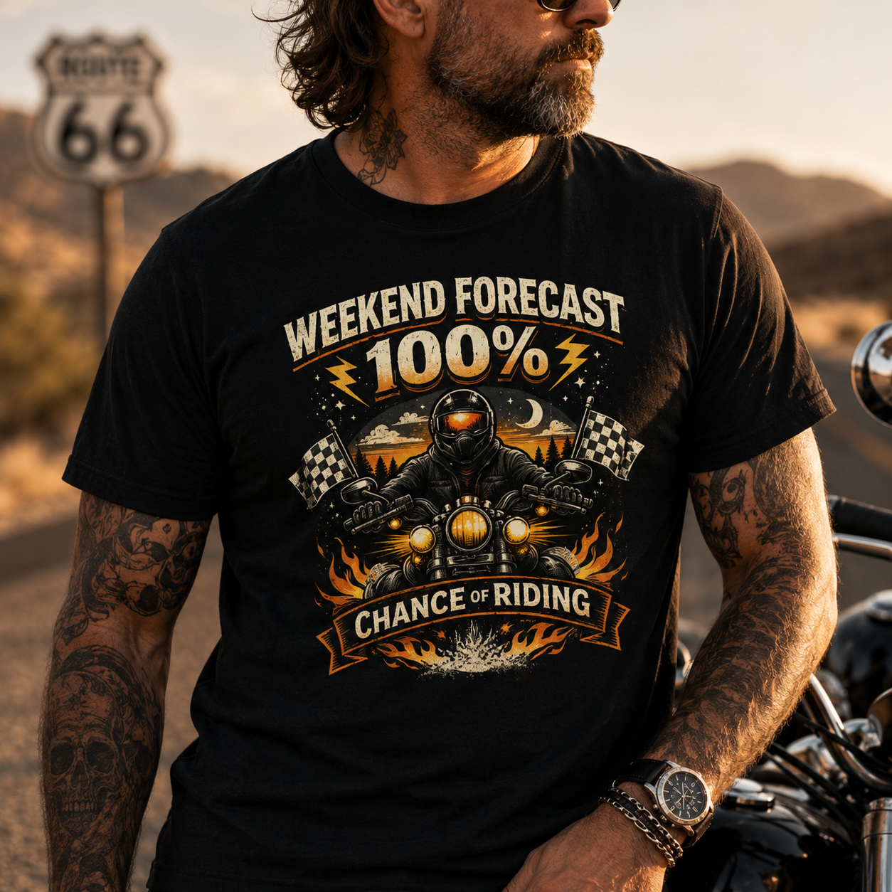 Unisex "Weekend Forecast 100% Chance of Riding" Funny Motorcycle T Shirt