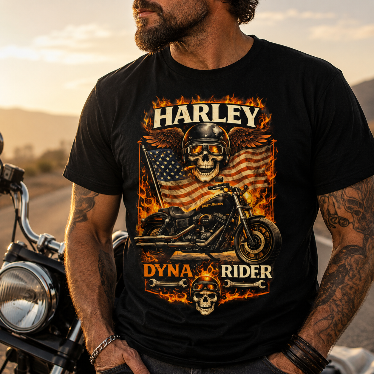 Unisex "Harley Dyna Rider" American Flag Motorcycle T Shirt