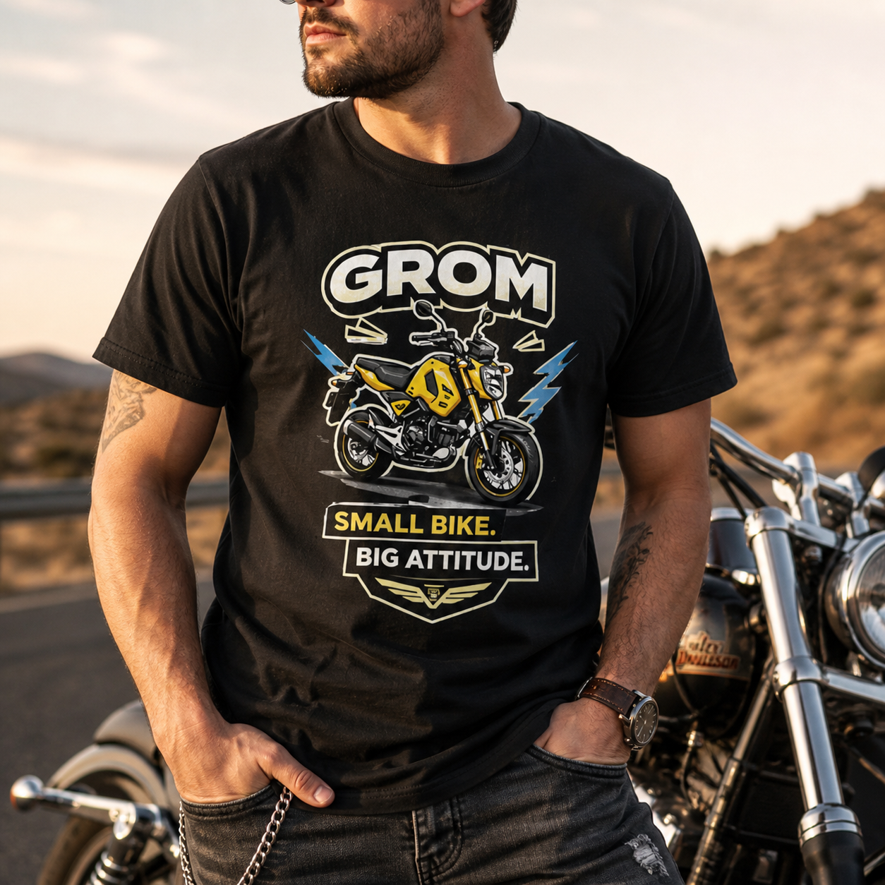 Unisex "Grom Small Bike Big Attitude" Funny Motorcycle Graphic T Shirt