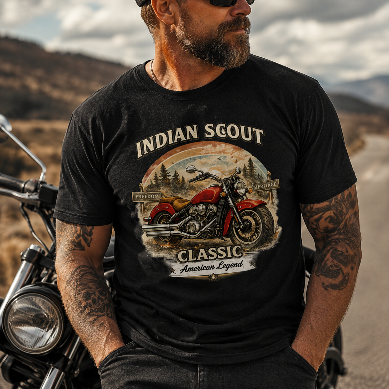 Unisex "American Legend" Indian Scout Classic Motorcycle Graphic T Shirt
