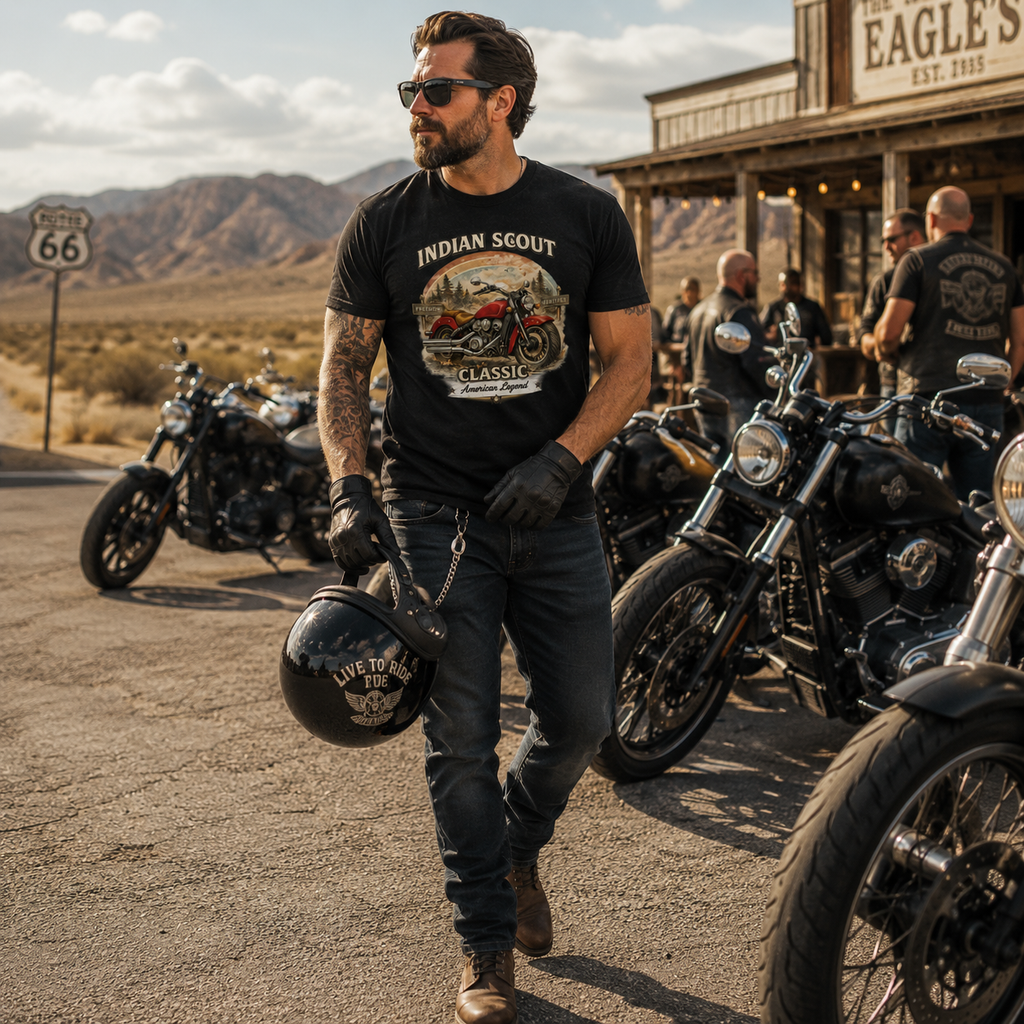 Unisex "American Legend" Indian Scout Classic Motorcycle Graphic T Shirt