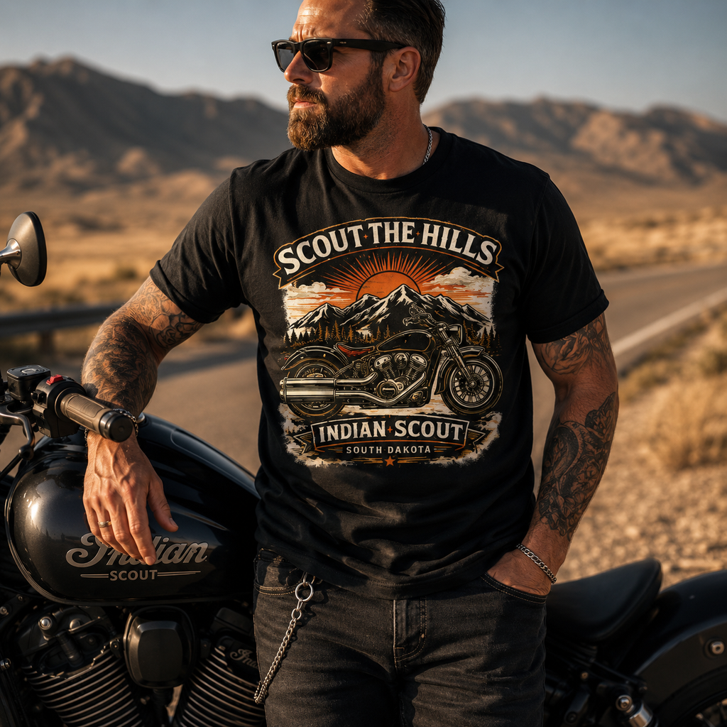 Unisex "Scout The Hills" Indian Scout Motorcycle Graphic T Shirt