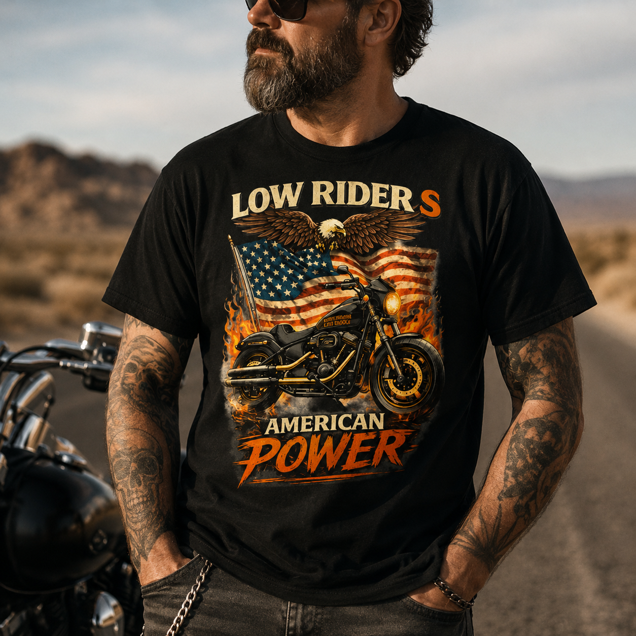Unisex "Low Rider S American Power" Patriotic Motorcycle T Shirt