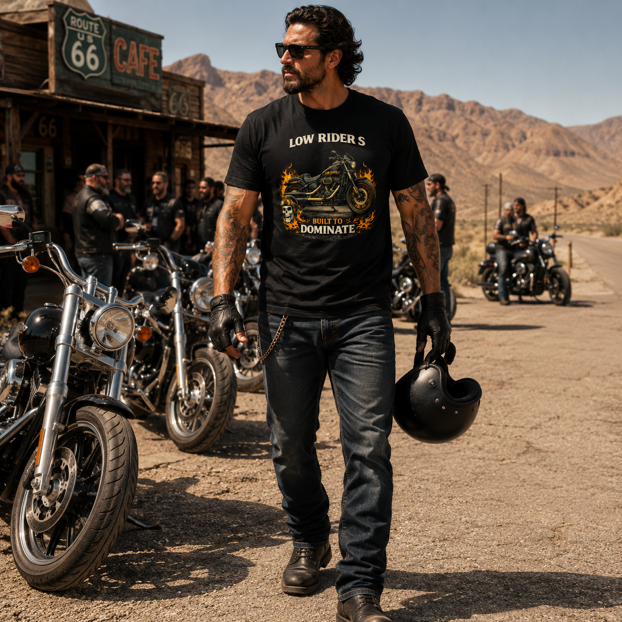 Unisex "Low Rider S Built To Dominate" American Flag Motorcycle T Shirt