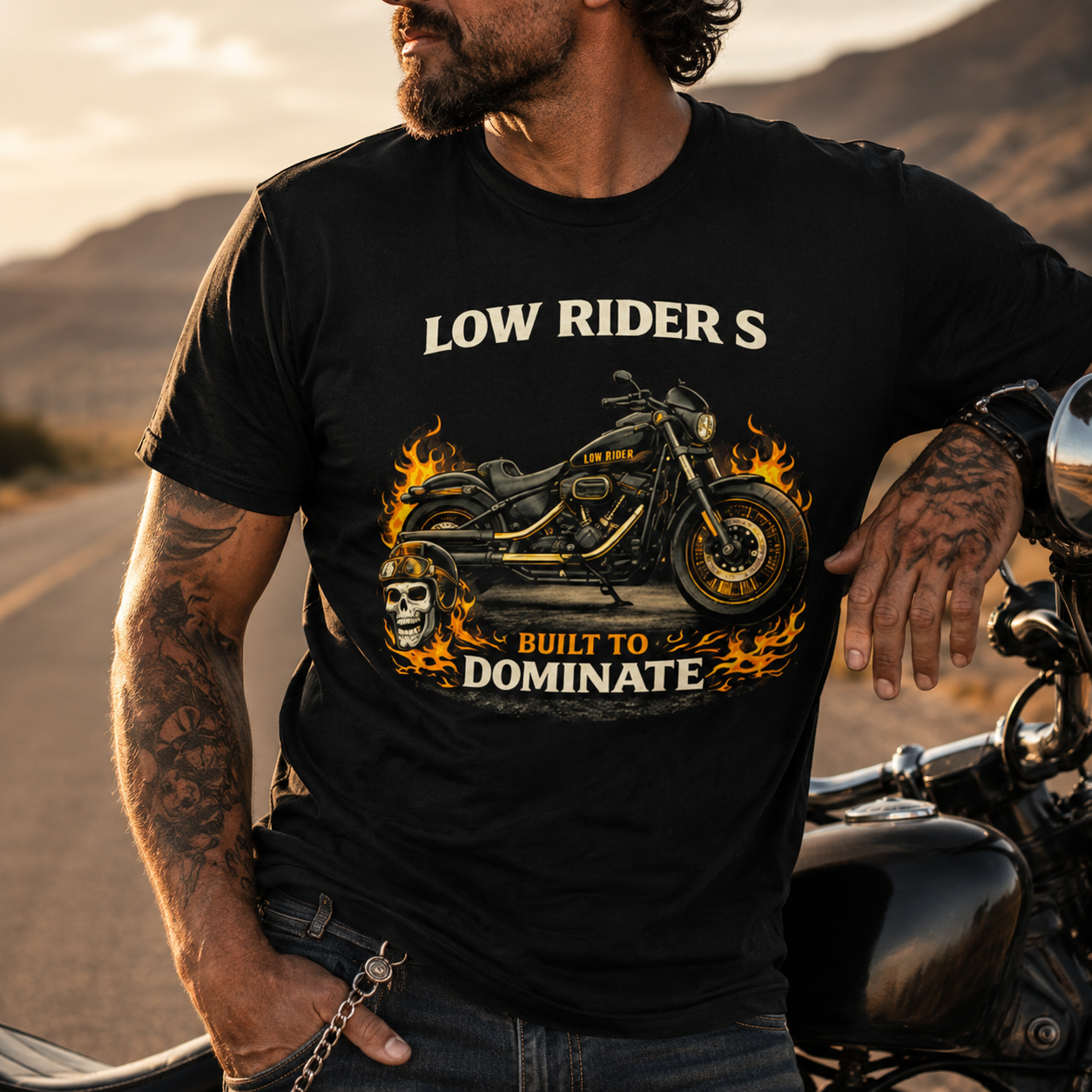 Unisex "Low Rider S Built To Dominate" American Flag Motorcycle T Shirt