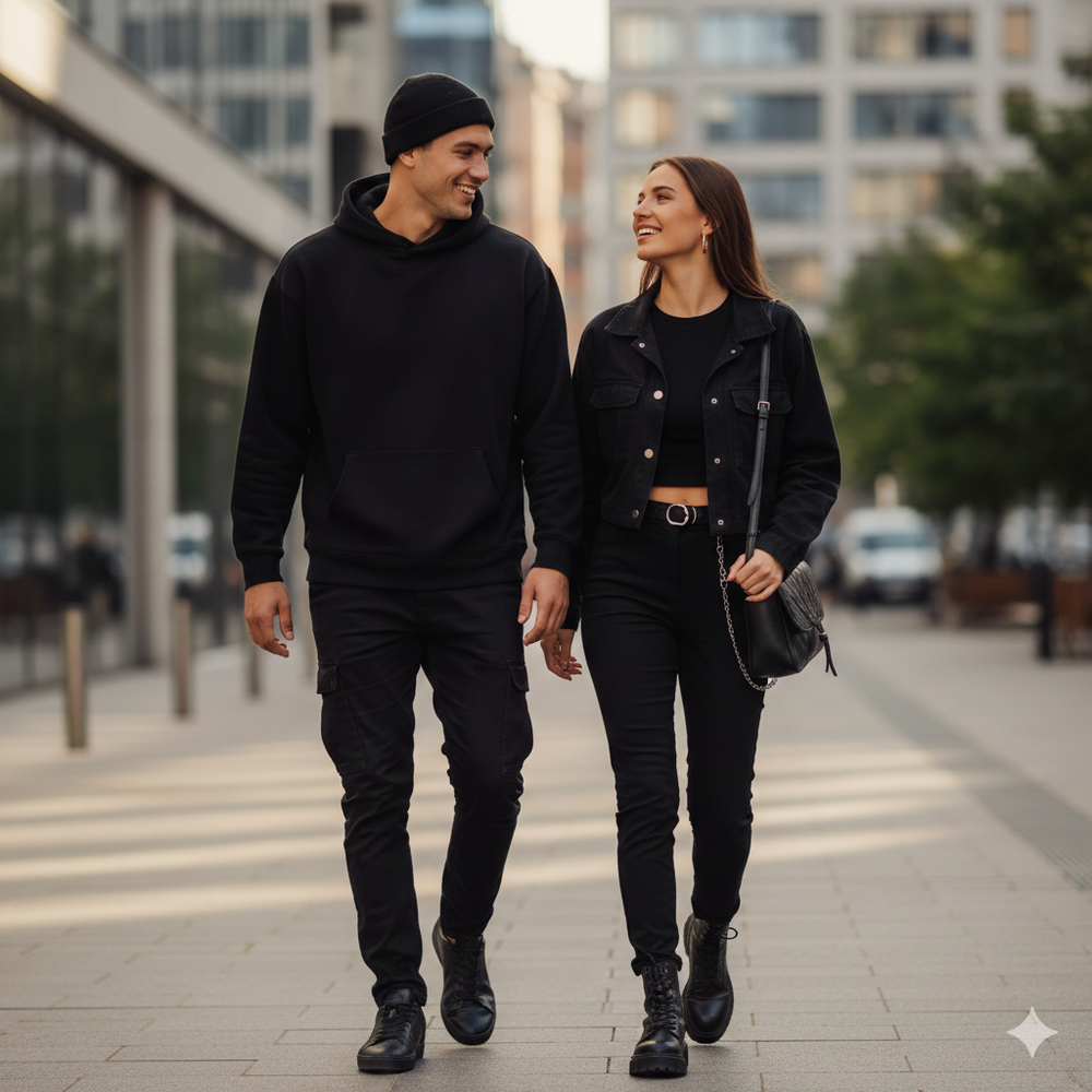Two people walking together on a city street, both wearing black outfits.
