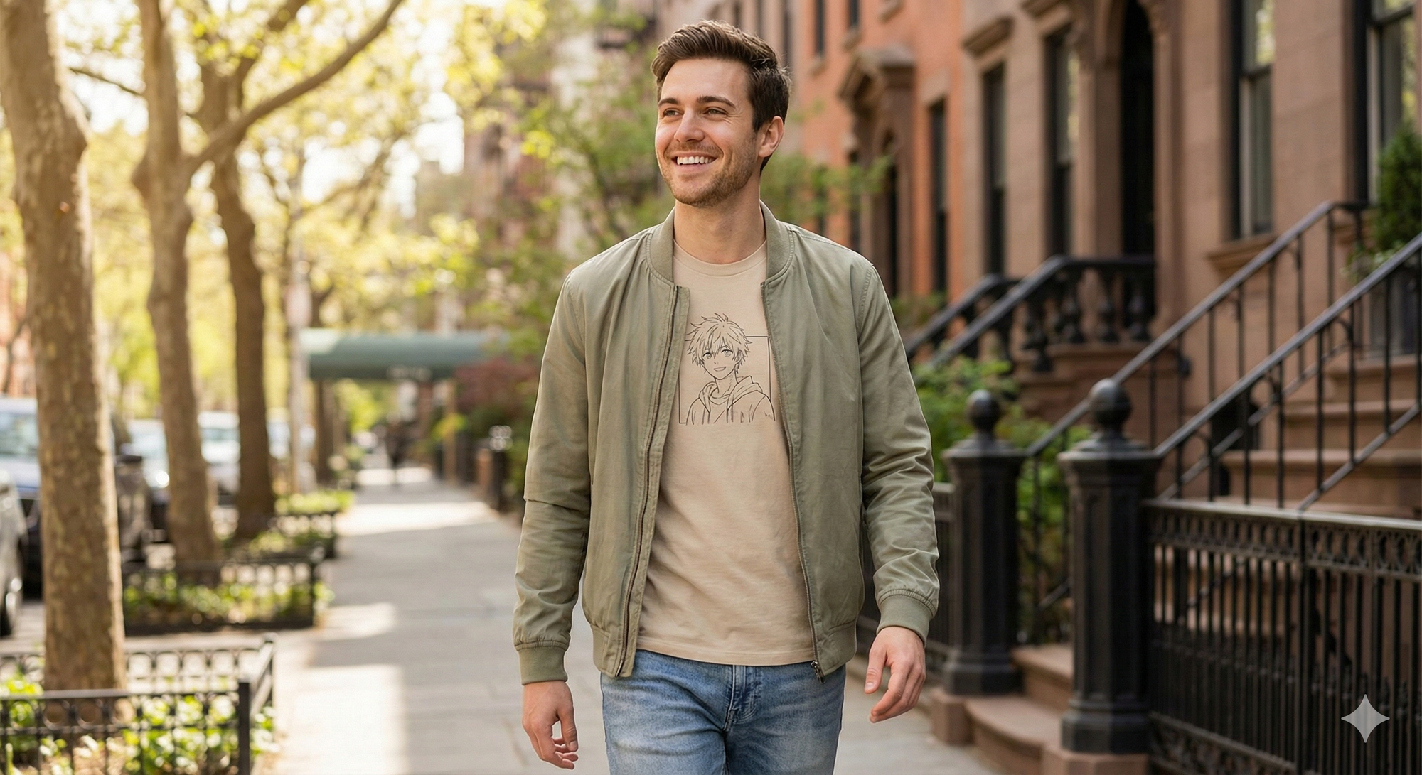 Man walking on a sidewalk in an urban setting with brownstones and trees.
