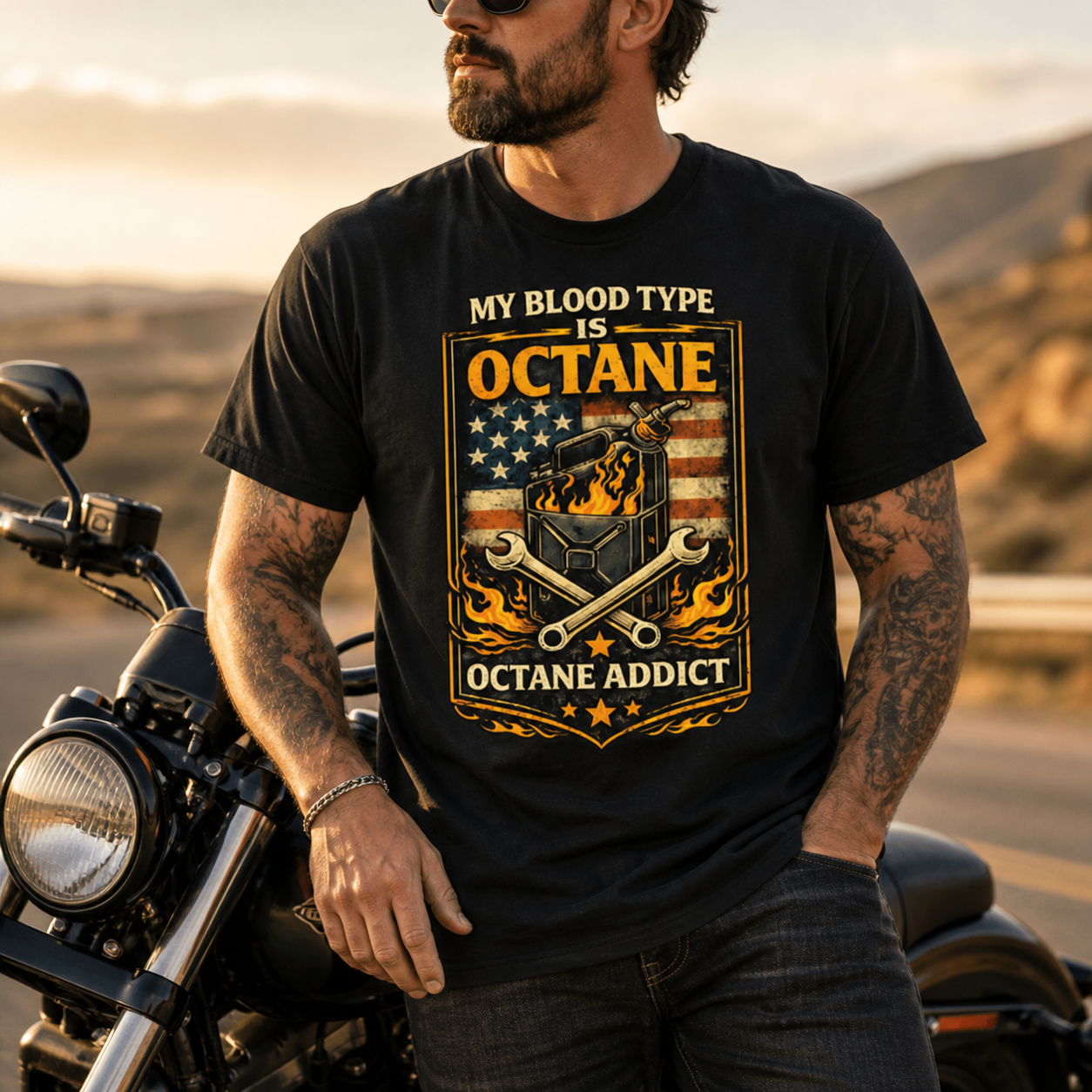 Unisex "My Blood Type Is Octane" Patriotic Motorcycle Graphic T Shirt