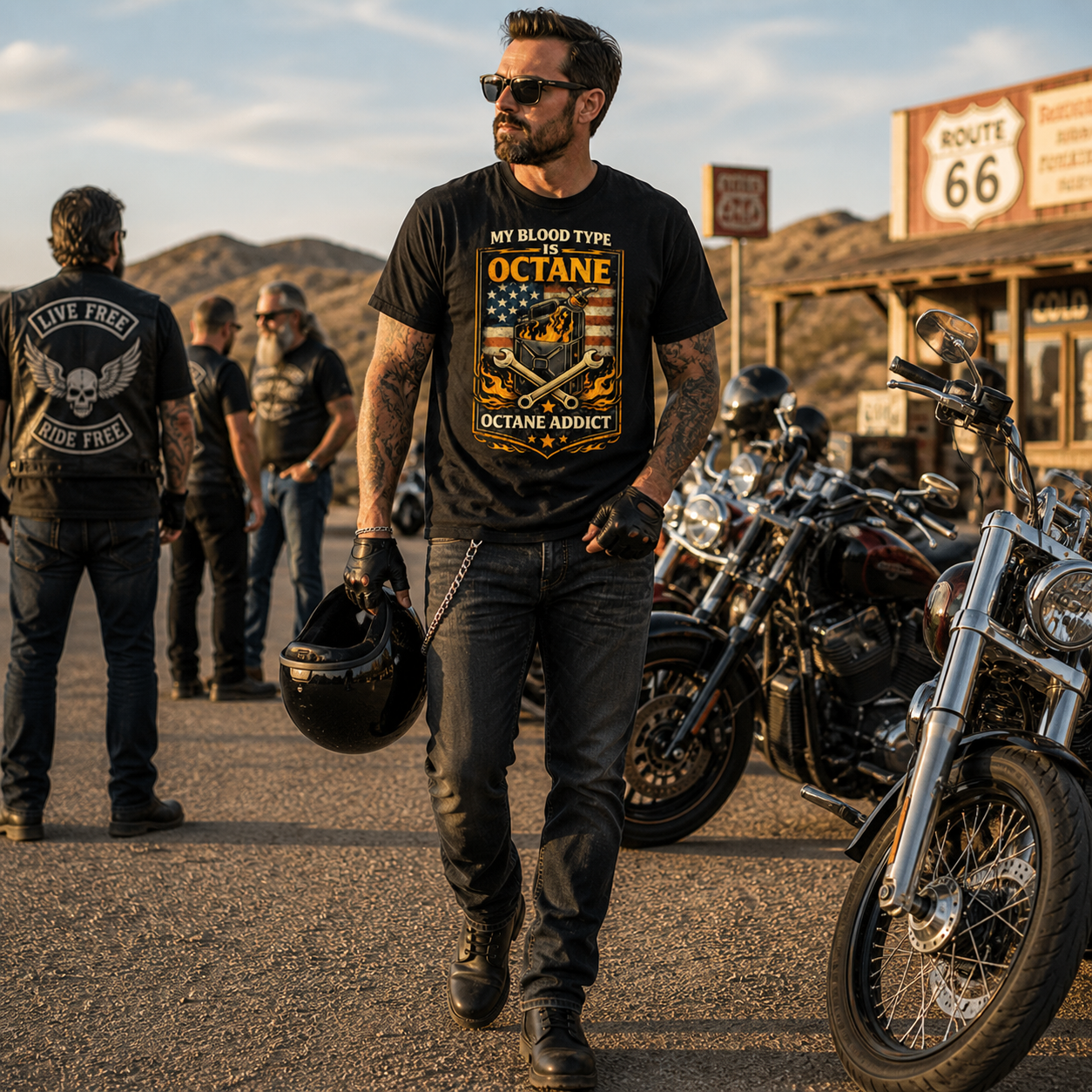 Unisex "My Blood Type Is Octane" Patriotic Motorcycle Graphic T Shirt