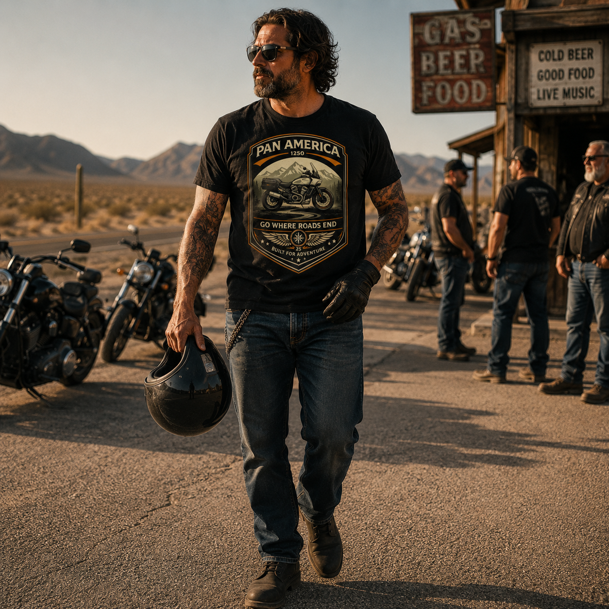 Unisex "Pan America Go Where Roads End Built For Adventure" Vintage Motorcycle Graphic T Shirt