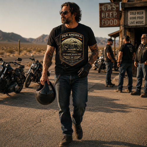 Unisex "Pan America Go Where Roads End Built For Adventure" Vintage Motorcycle Graphic T Shirt