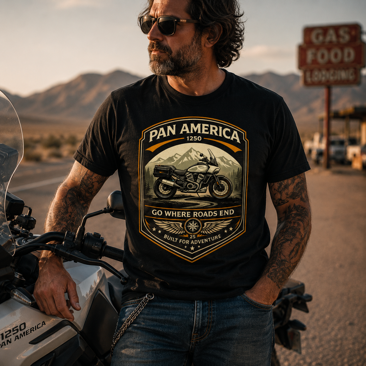 Unisex "Pan America Go Where Roads End Built For Adventure" Vintage Motorcycle Graphic T Shirt