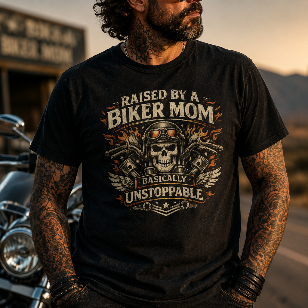 Unisex "Raised By A Biker Mom Basically Unstoppable" Skull Motorcycle T Shirt