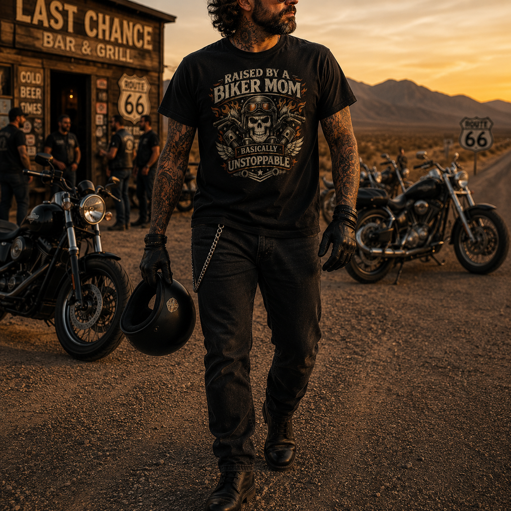 Unisex "Raised By A Biker Mom Basically Unstoppable" Skull Motorcycle T Shirt