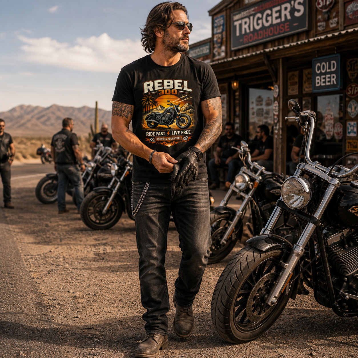 Unisex "Rebel 300 Ride Fast Live Free" Vintage Motorcycle Graphic T Shirt