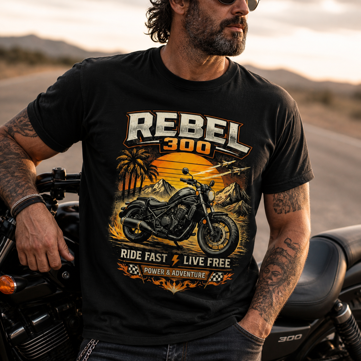 Unisex "Rebel 300 Ride Fast Live Free" Vintage Motorcycle Graphic T Shirt