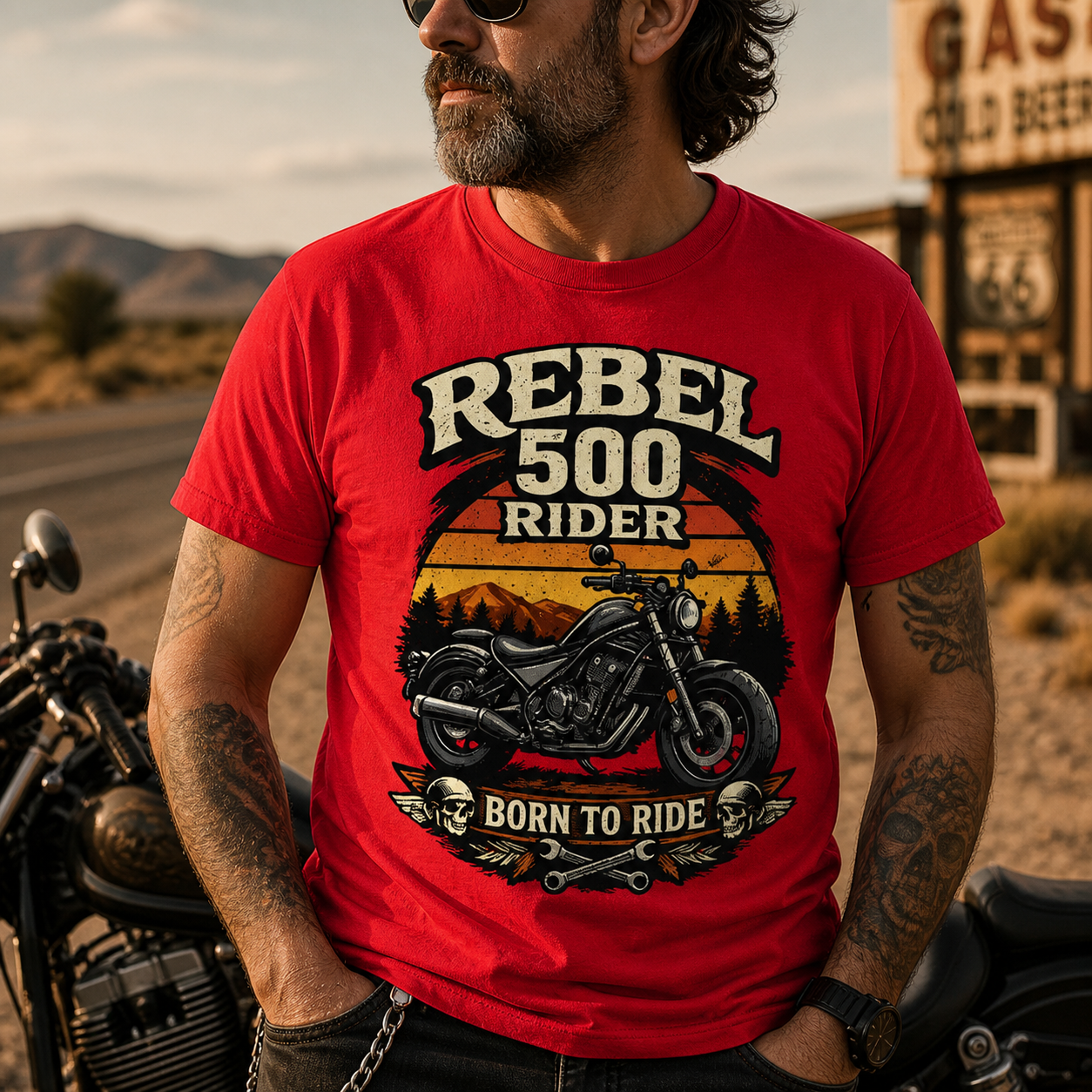 Unisex "Rebel 500 Born to Ride" Vintage Motorcycle Graphic T Shirt