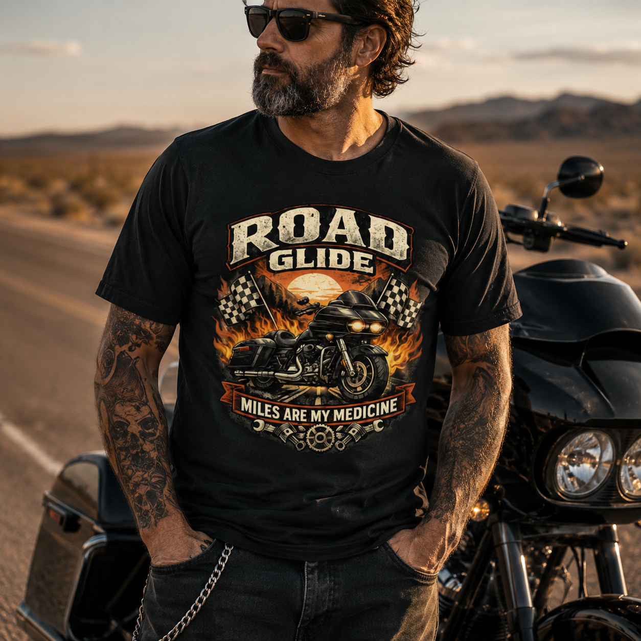 Unisex "Road Glide Miles Are My Medicine" Vintage Motorcycle Graphic T Shirt