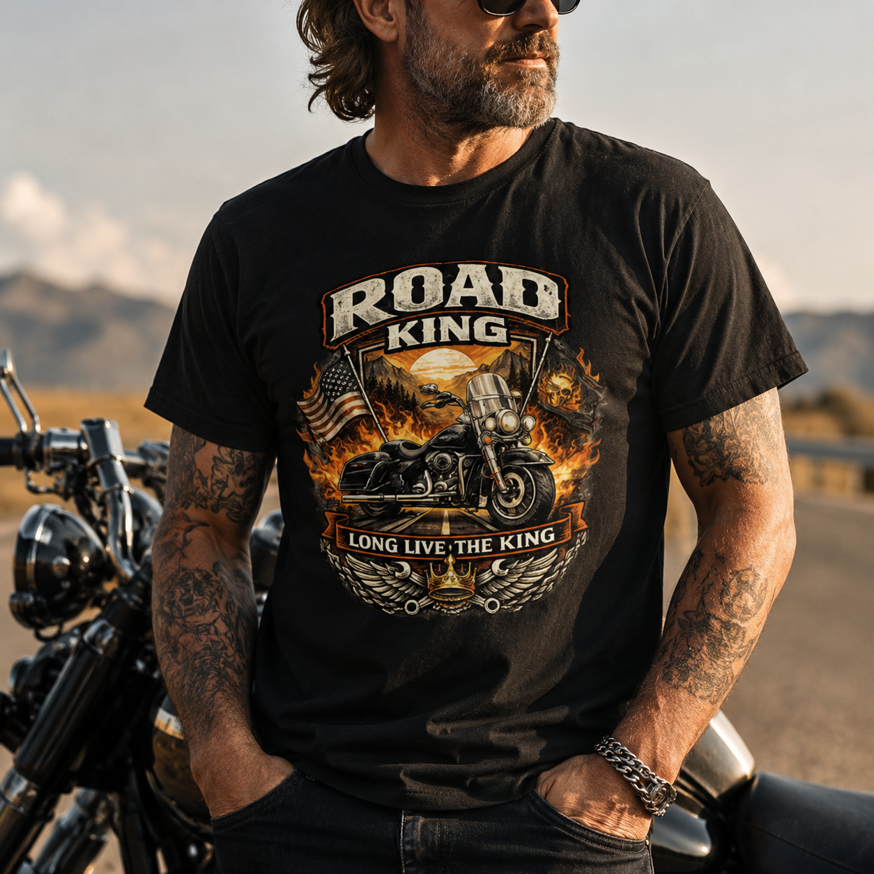 Unisex "Road King Long Live The King" Vintage Motorcycle Graphic T Shirt