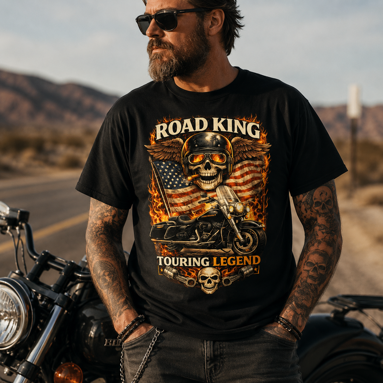 Unisex "Road King Touring Legend" American Flag Motorcycle T Shirt