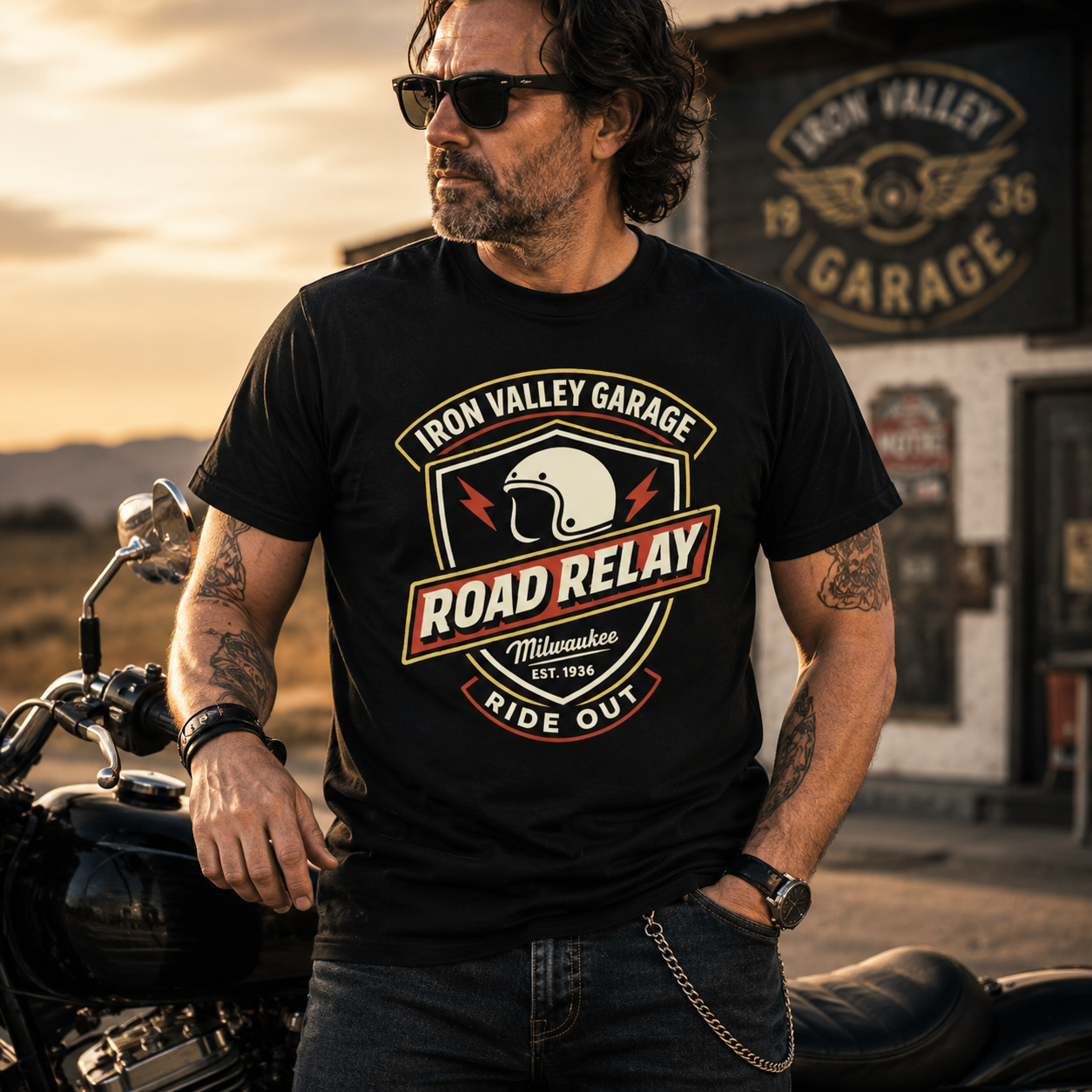 Unisex "Iron Valley Garage Road Relay" Vintage Motorcycle Graphic T Shirt