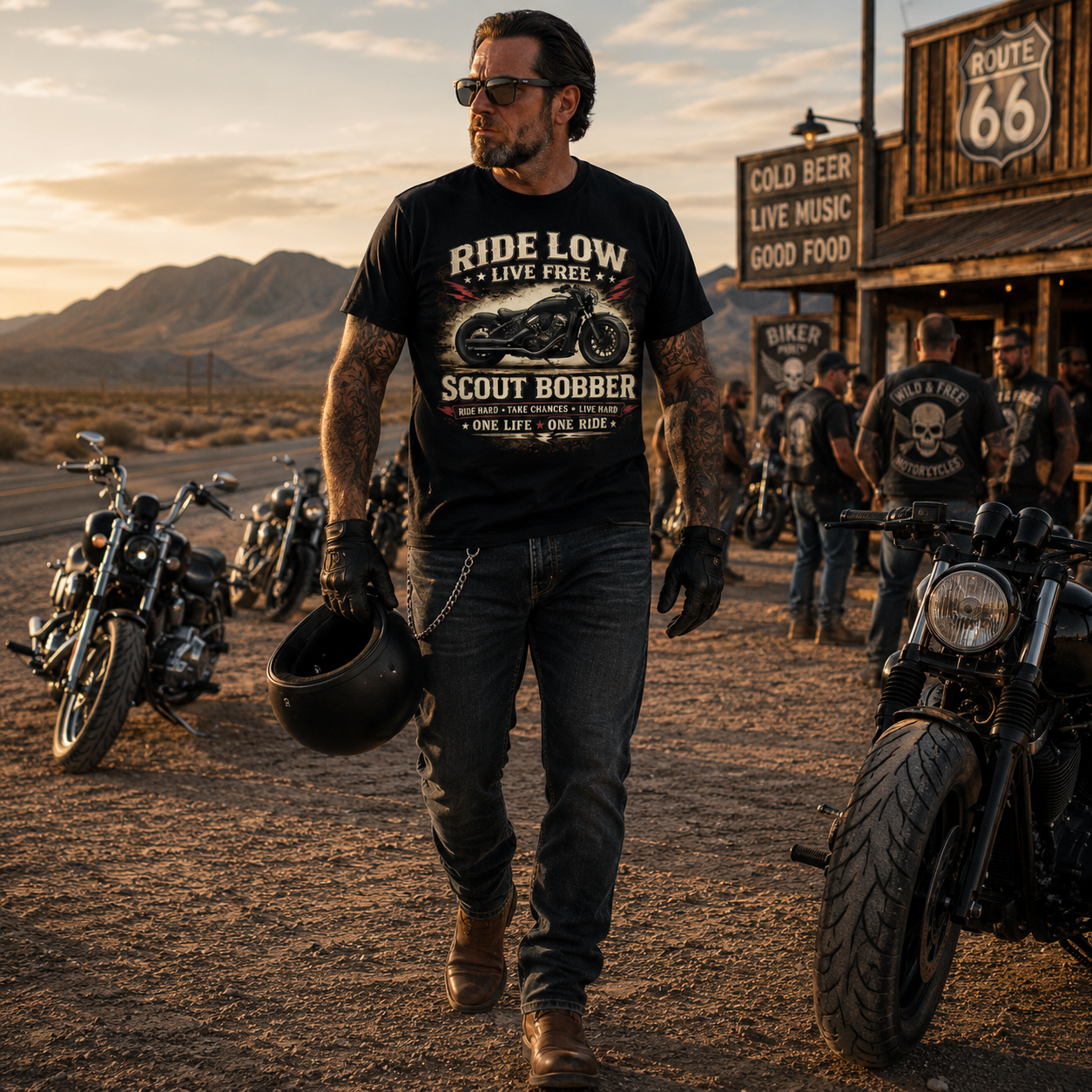 Unisex "Ride Low Live Free One Life One Ride" Scout Bobber Graphic Tee