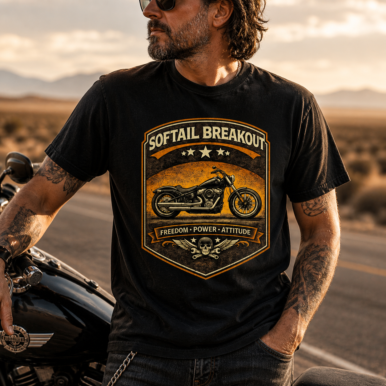 Unisex "Softail Breakout Freedom Power Attitude" Vintage Motorcycle Graphic T Shirt