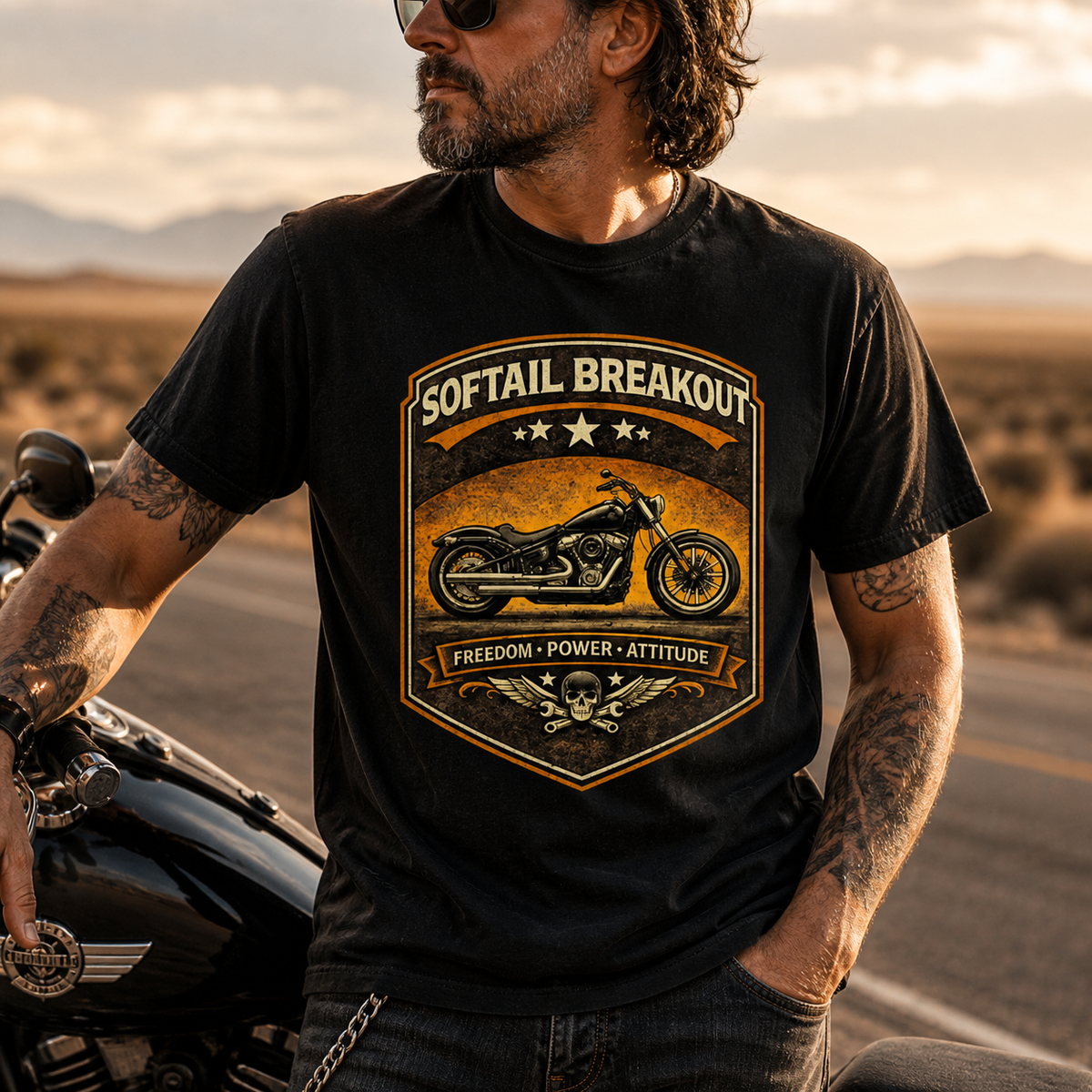 Softail Breakout Freedom Power Attitude Vintage Motorcycle Graphic Tee main graphic tee image