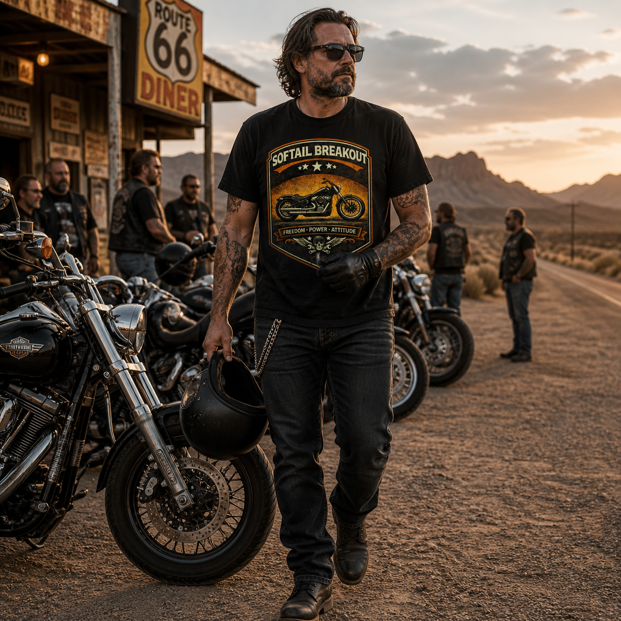 Unisex "Softail Breakout Freedom Power Attitude" Vintage Motorcycle Graphic T Shirt
