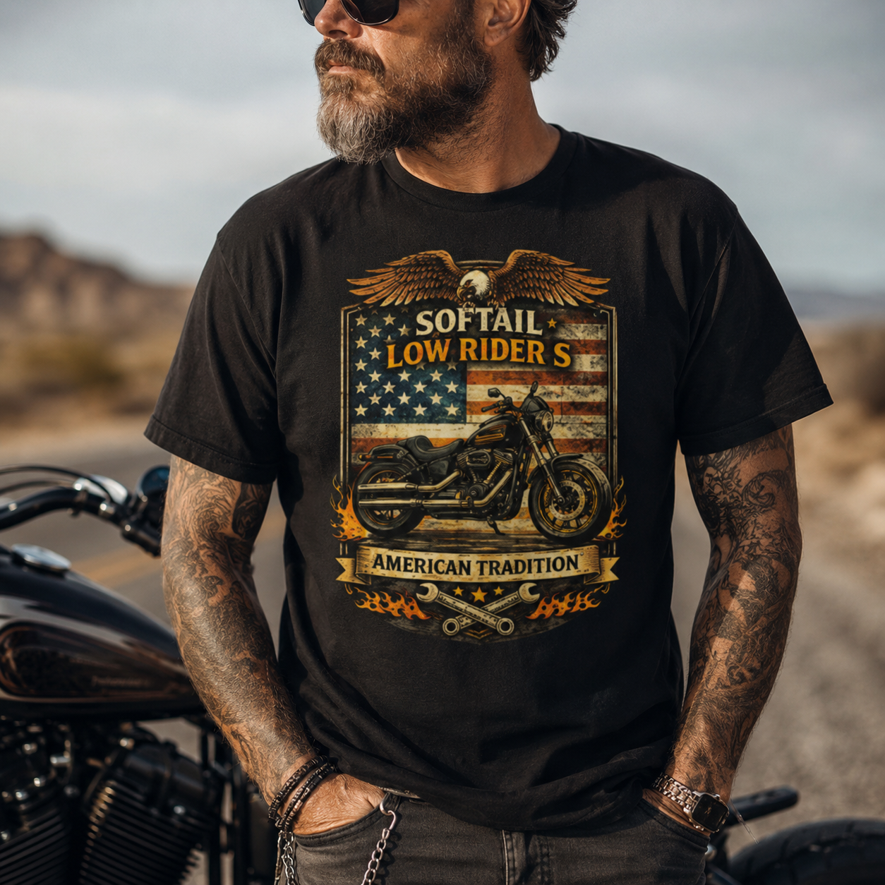 Unisex "Softail Low Rider S American Tradition" Patriotic Motorcycle T Shirt