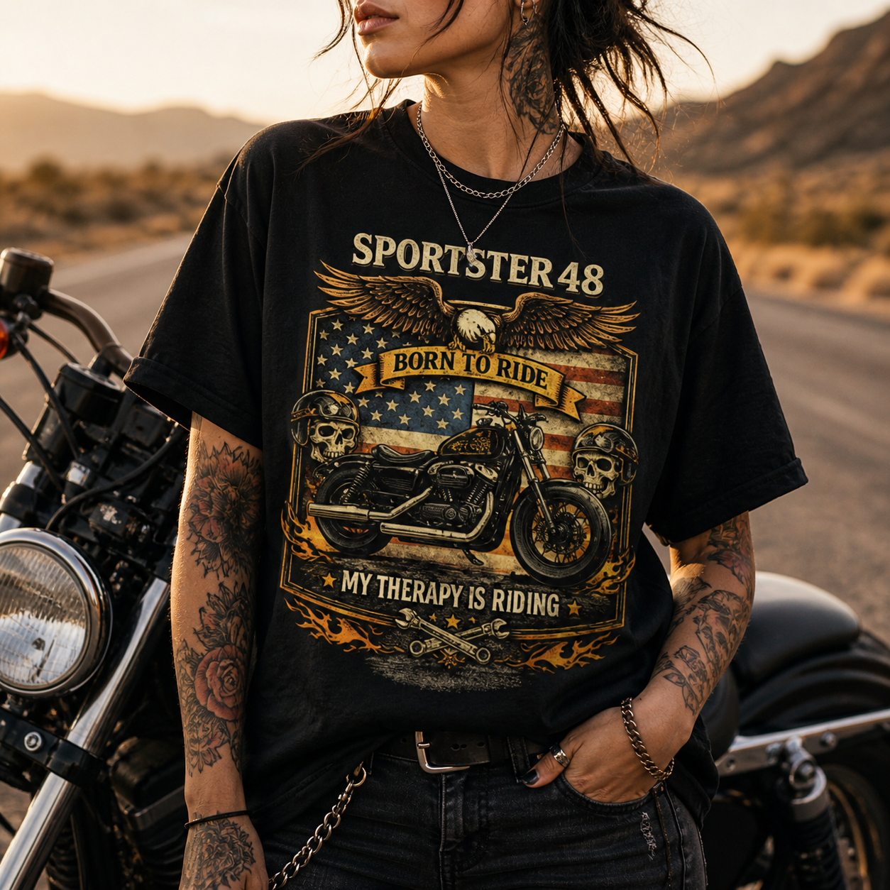 Unisex "Sportster 48 Born To Ride My Therapy Is Riding" Patriotic Motorcycle T Shirt