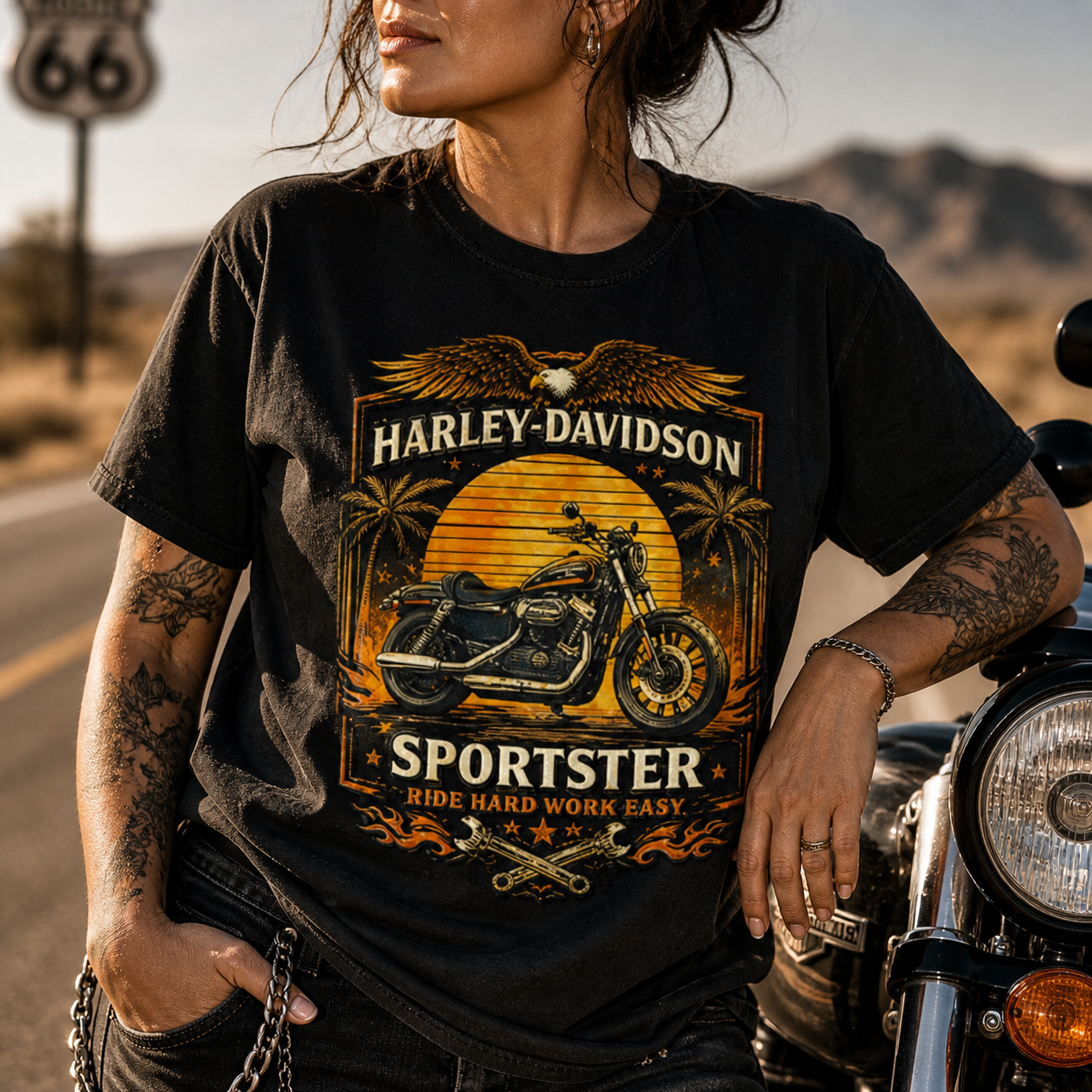 Unisex "Harley Davidson Sportster Ride Hard Work Easy" Vintage Motorcycle Graphic T Shirt