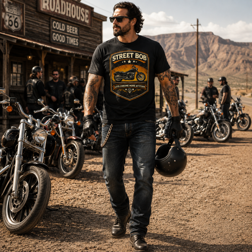 Unisex "Street Bob Less Chrome More Attitude" Vintage Motorcycle Graphic T Shirt