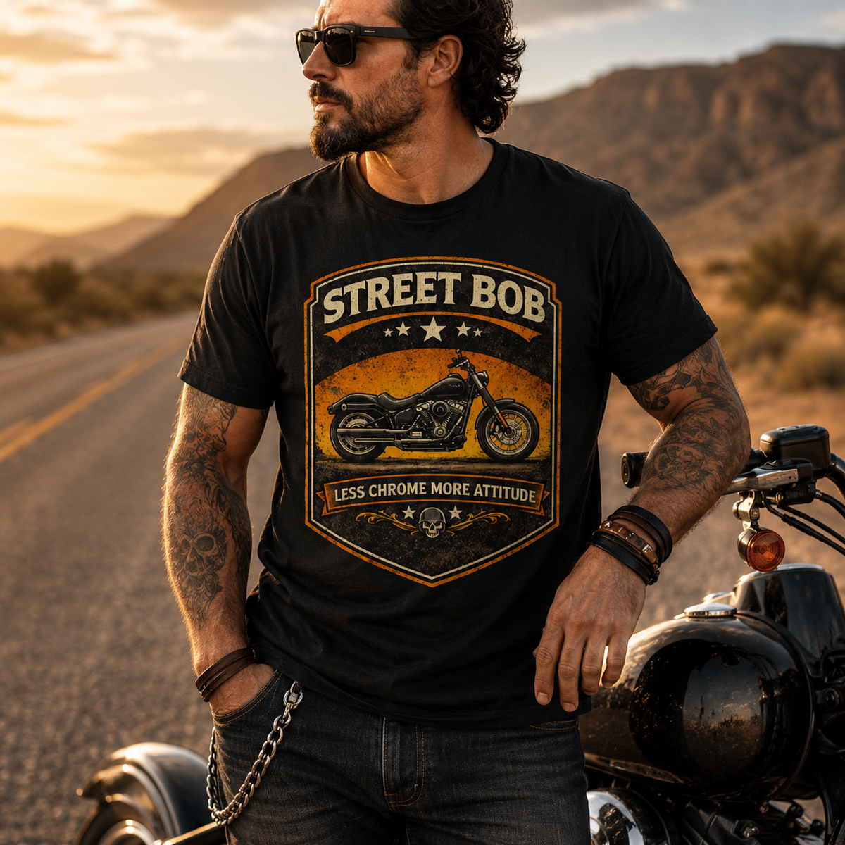 Street Bob Less Chrome More Attitude Motorcycle Graphic Tee main graphic tee image