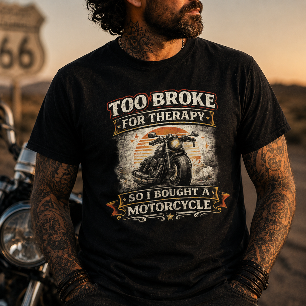 Unisex "Too Broke For Therapy So I Bought A Motorcycle" Funny Motorcycle T Shirt
