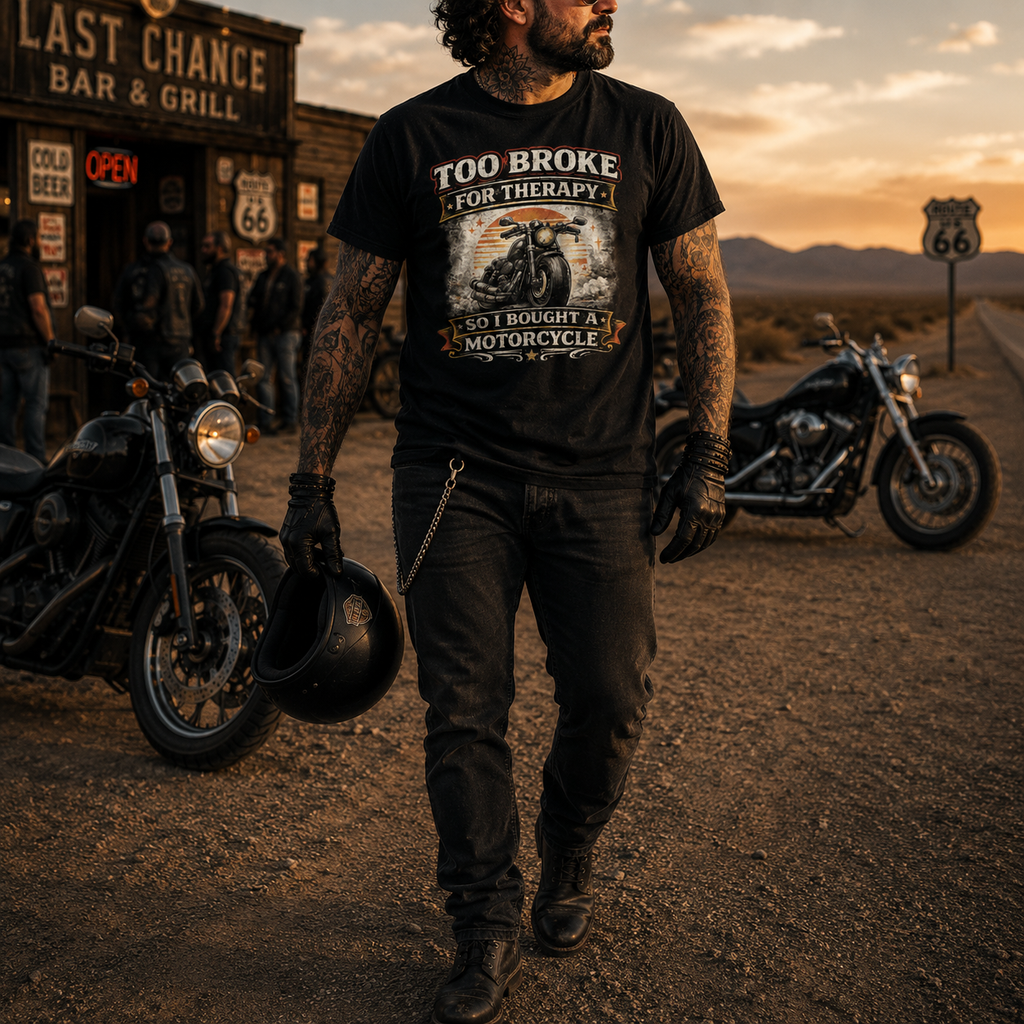 Unisex "Too Broke For Therapy So I Bought A Motorcycle" Funny Motorcycle T Shirt